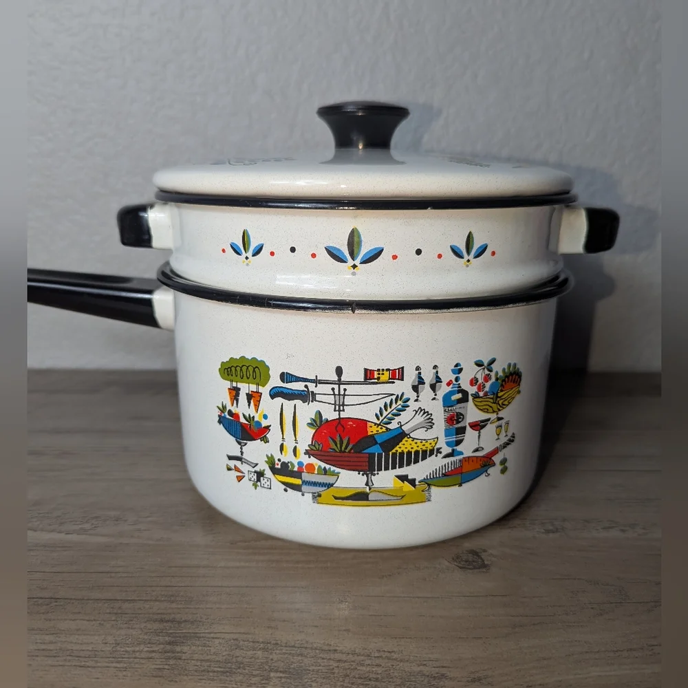 Georges Briard Enamel Ware Double Boiler Turkey Dinner Pattern